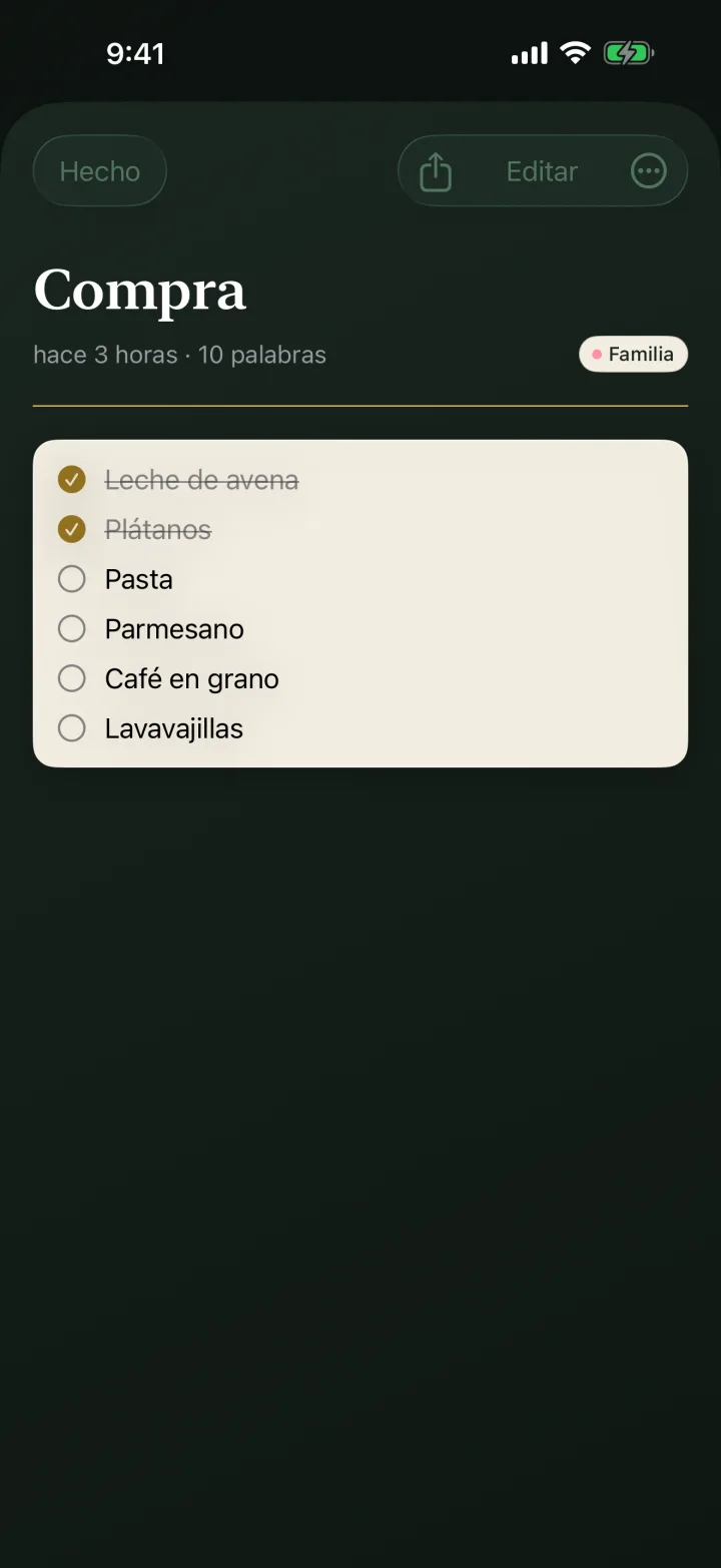 La nota compartida Compra en Sova: leche de avena y plátanos marcados; pasta, parmesano, café en grano y lavavajillas por comprar