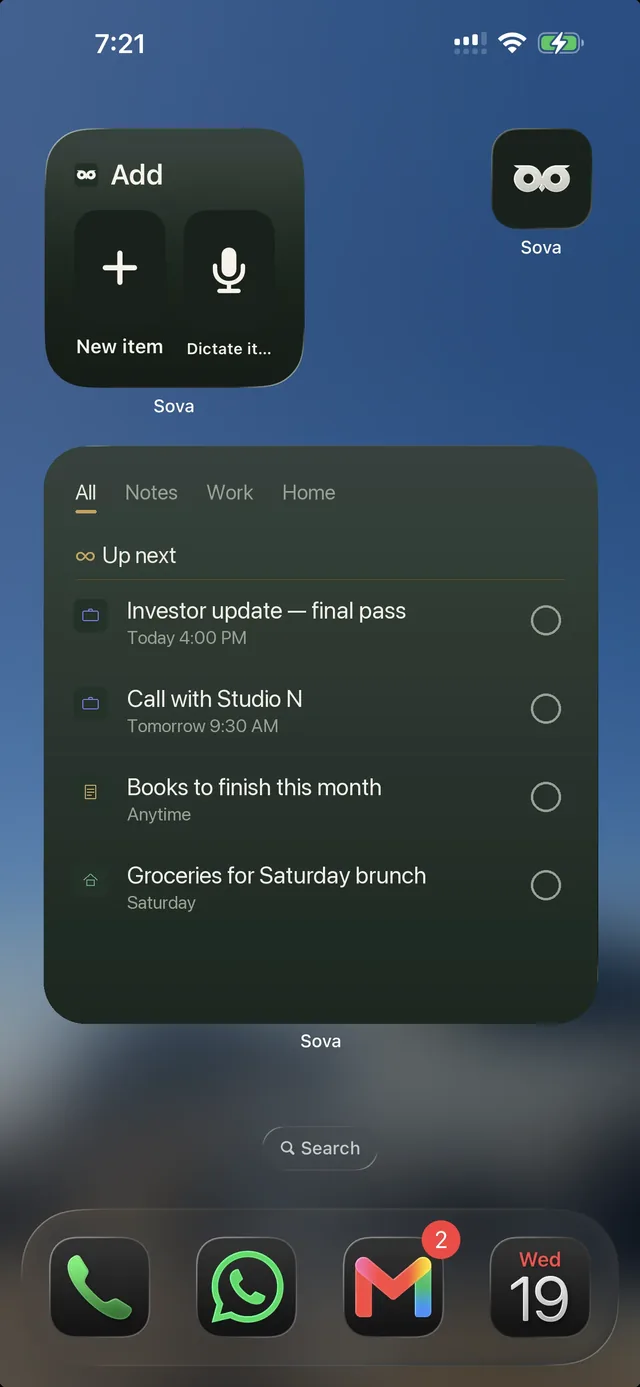 The Sova home-screen widget: group tabs and the Up next list, right on the iPhone home screen