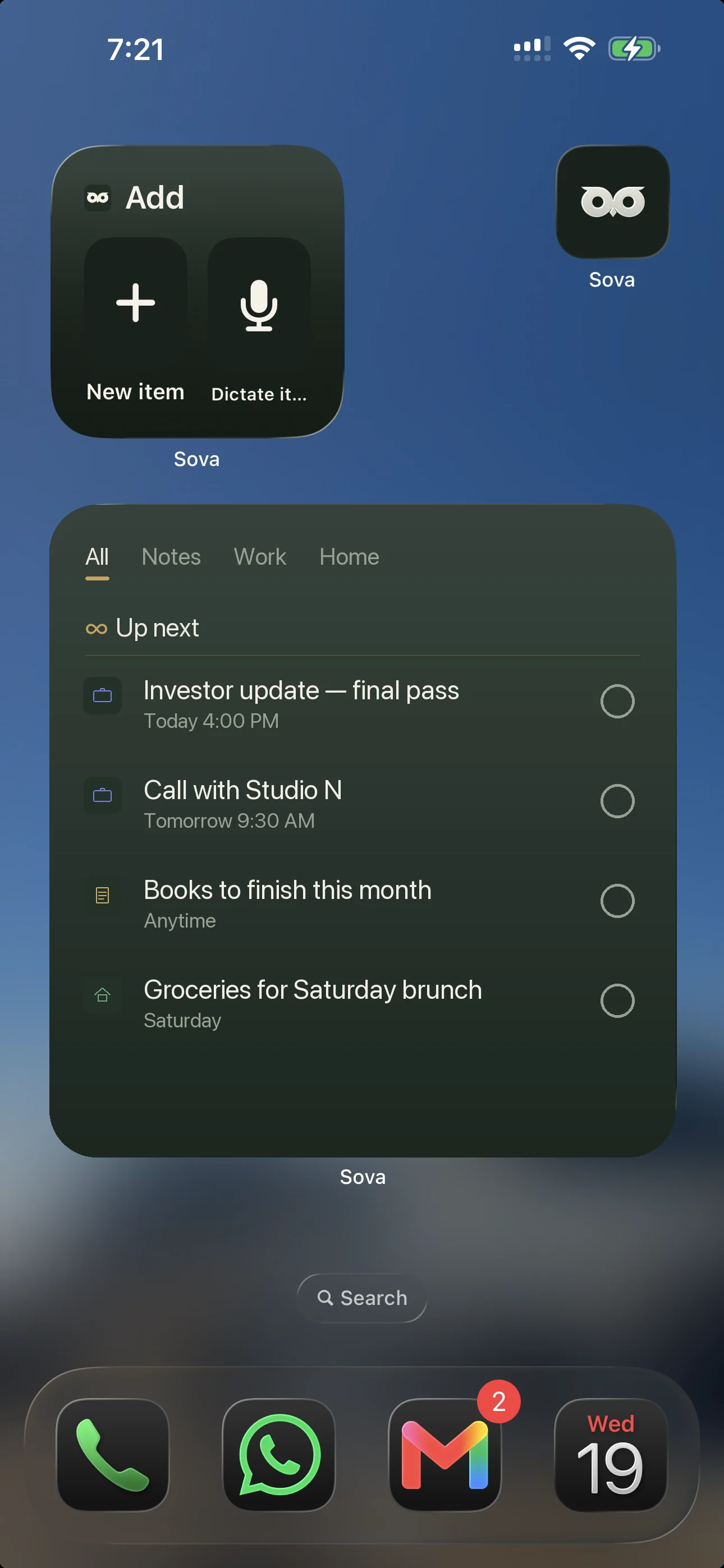 Sova large widget on an iPhone Home Screen