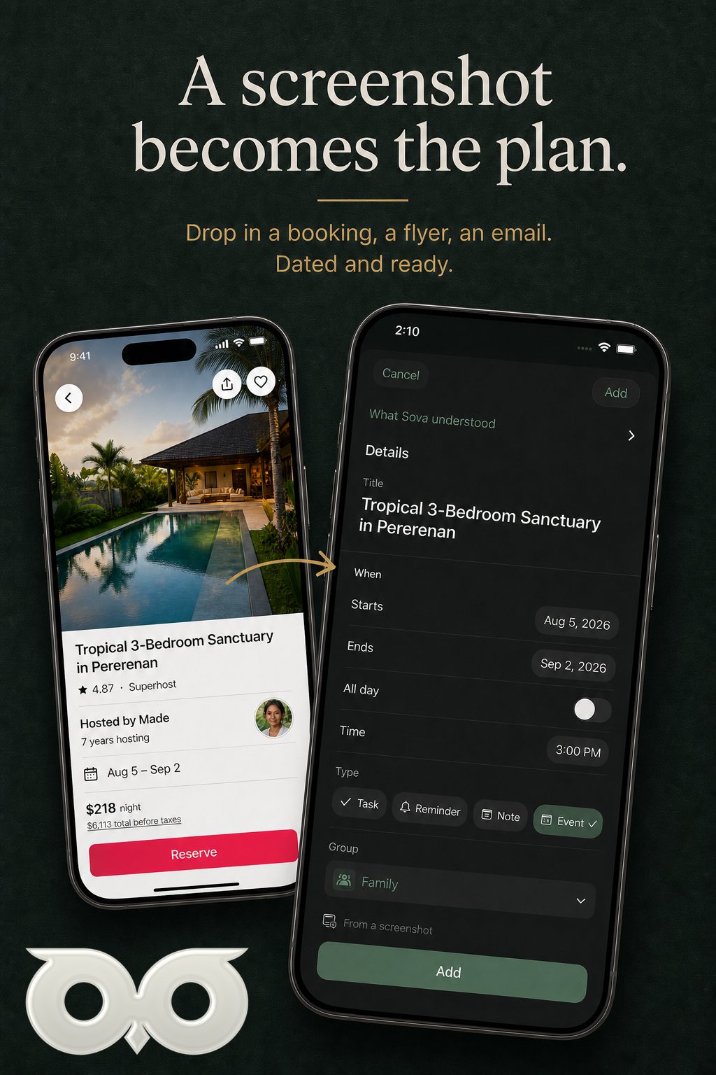 A booking screenshot becoming a dated plan in Sova