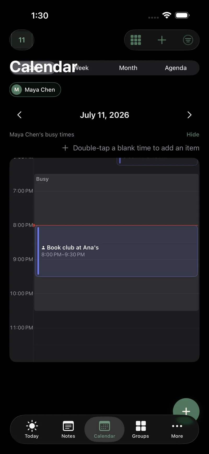 The Sova calendar day view with another person's busy times shown as untitled blocks over the hours, no plan names visible