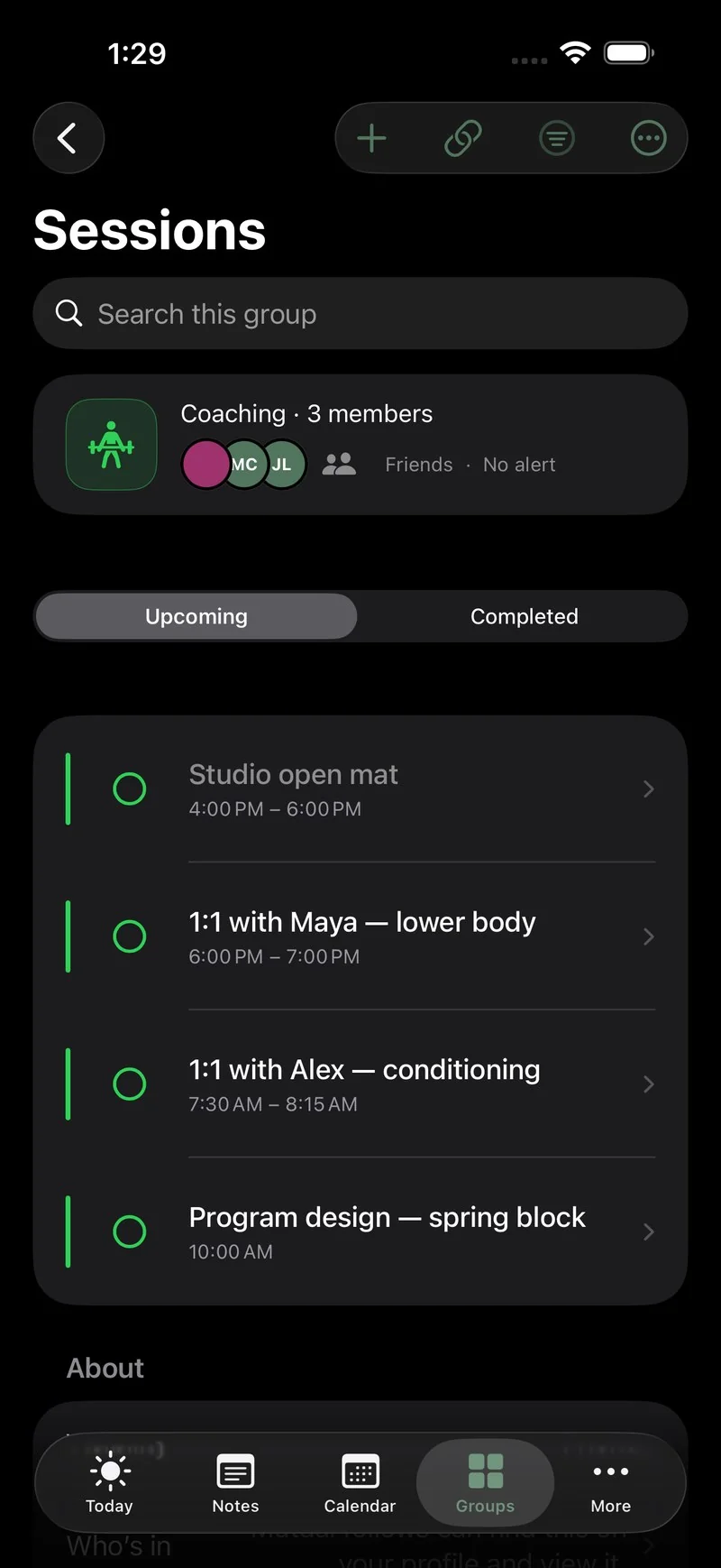 A trainer's view of a shared Sessions group in Sova: class times and one-to-one sessions with each member, all in one list