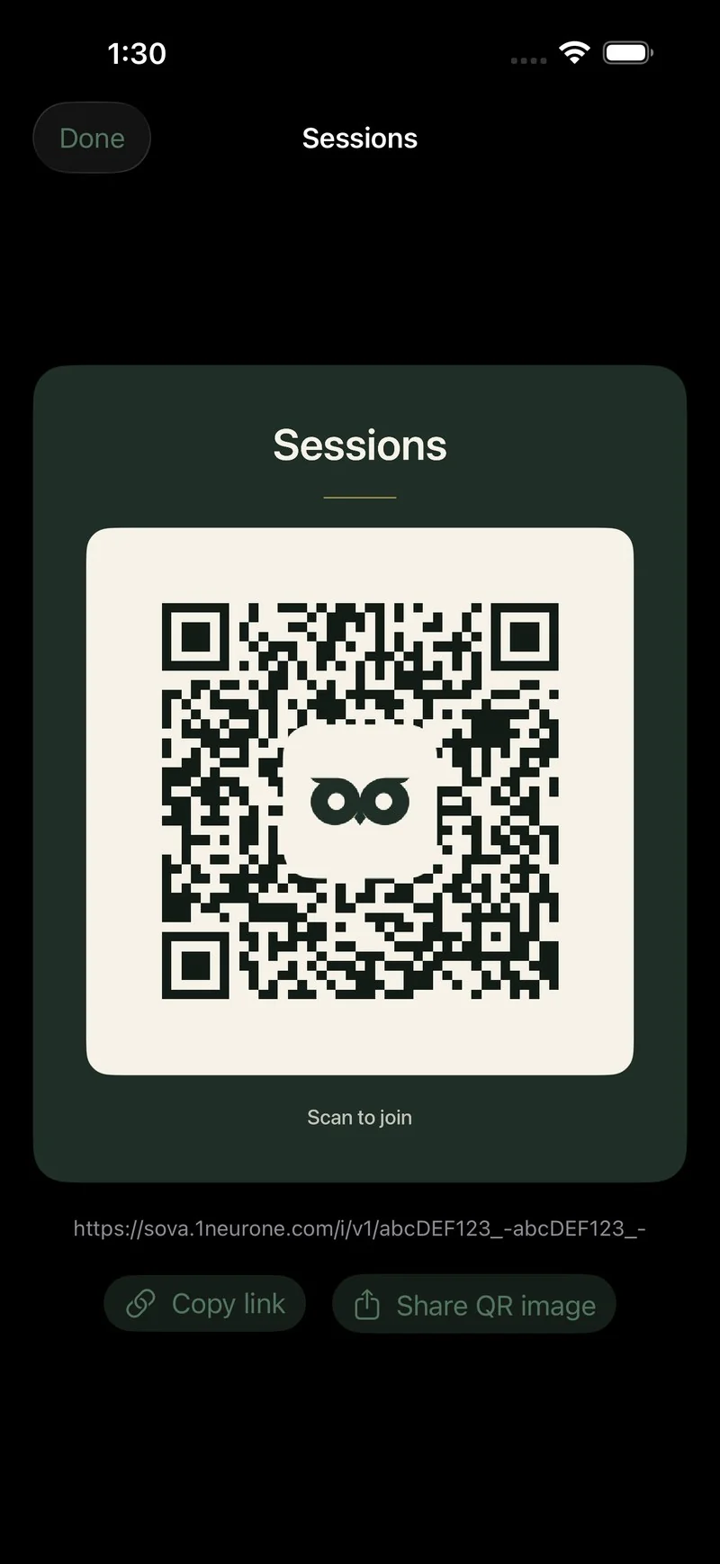 A Sova join card for a group: the group name above a large QR code with the Sova owl at its centre, ready to scan