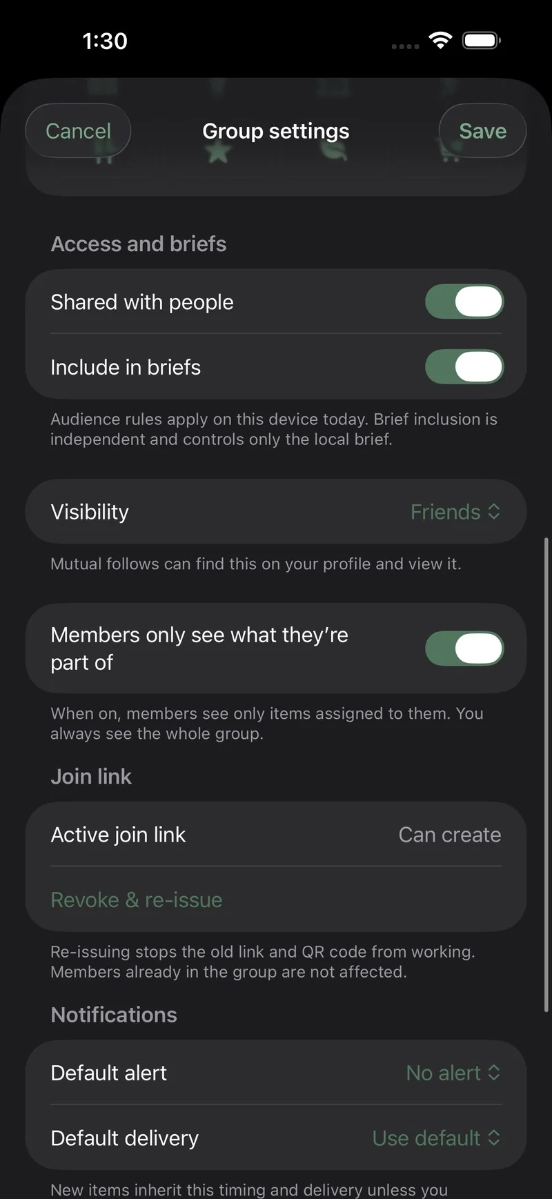 The group settings for a shared group in Sova: the switch that lets members see only what they are part of, above the join link controls