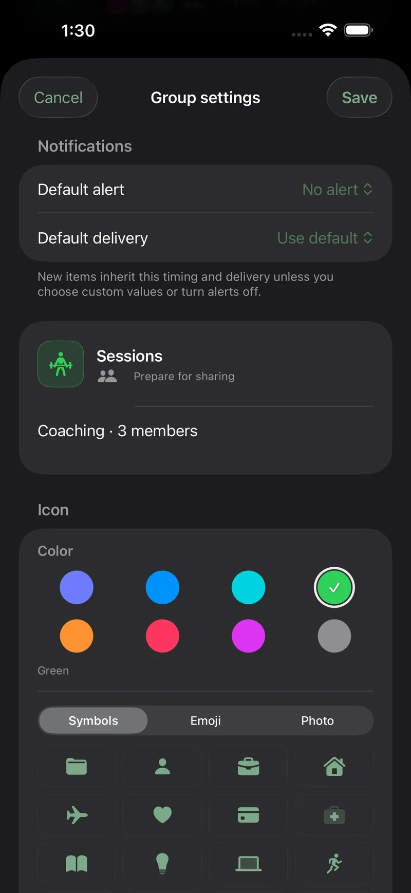 The notification settings of a group in Sova: the default alert timing and delivery style for new items in the group