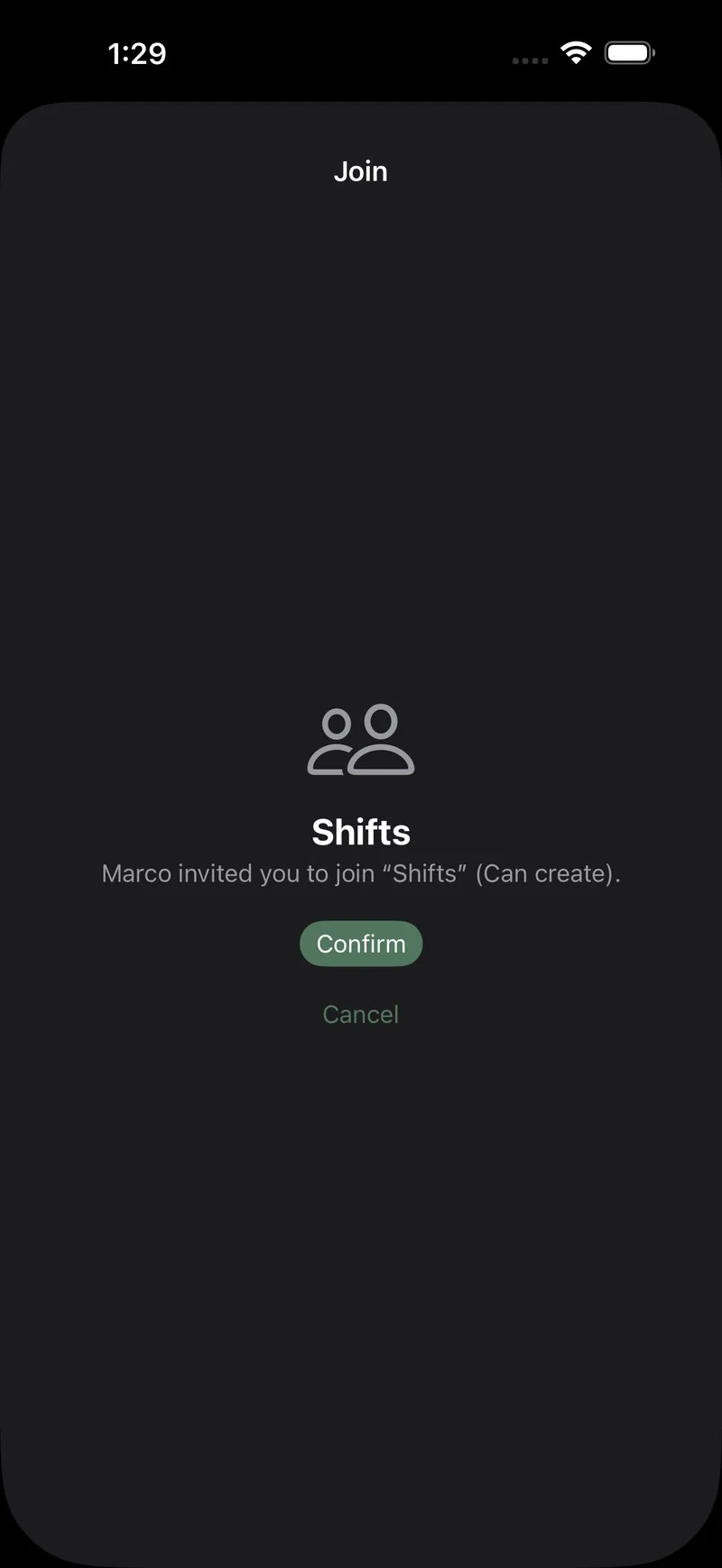 The join confirmation in Sova: Marco invited you to join Shifts, with a Confirm button and a Cancel choice below