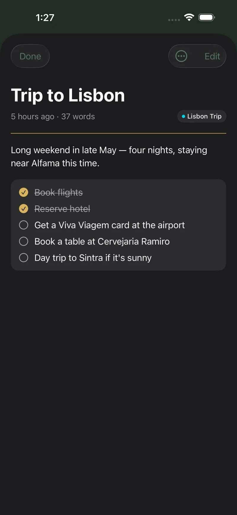 A Sova note open for reading: a Lisbon trip plan with a checklist of bookings and errands ticked off