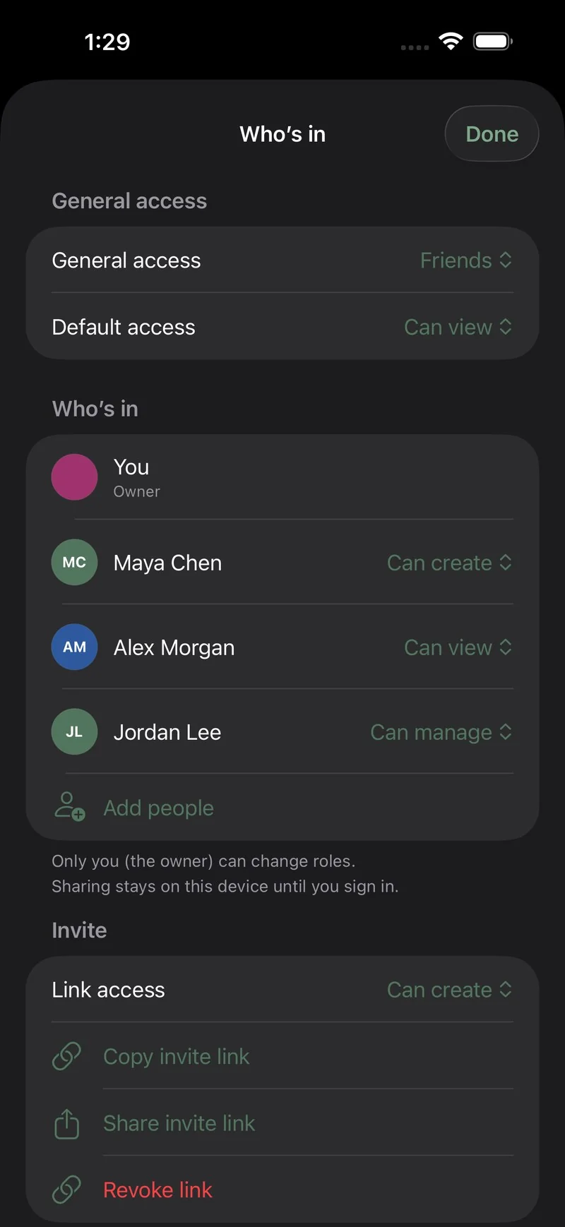 The Who's in list of a shared group in Sova: the owner and three members, each with a Viewer, Creator or Admin role picker