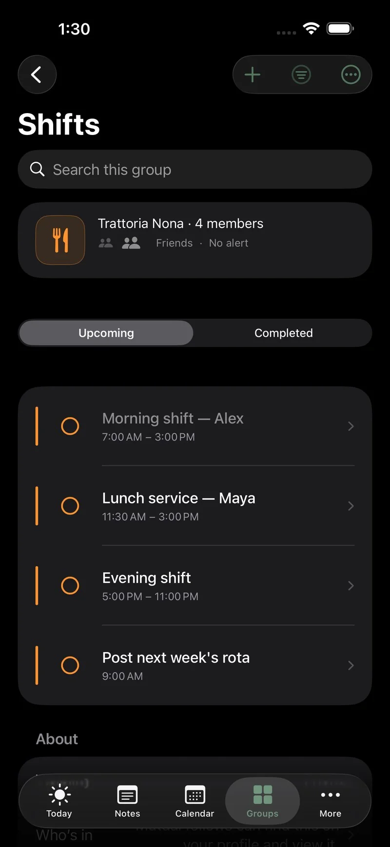 A restaurant Shifts group in Sova: morning, lunch and evening shifts posted as items, each with its assignee and time